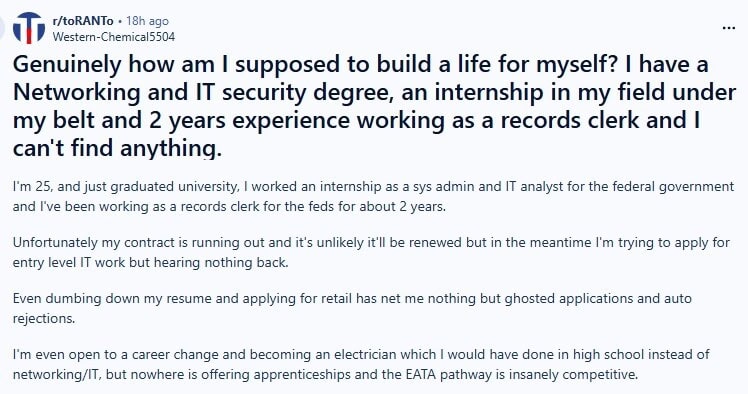 Reddit discussion about Canada's job market and employment challenges