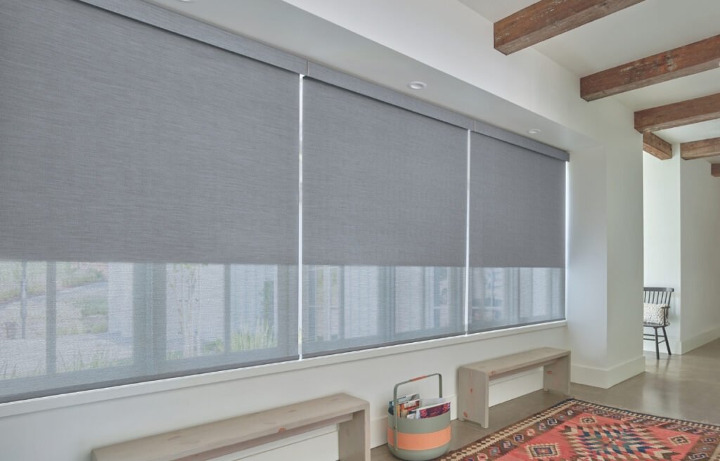 Motorized dual roller shades installation in denver hallway