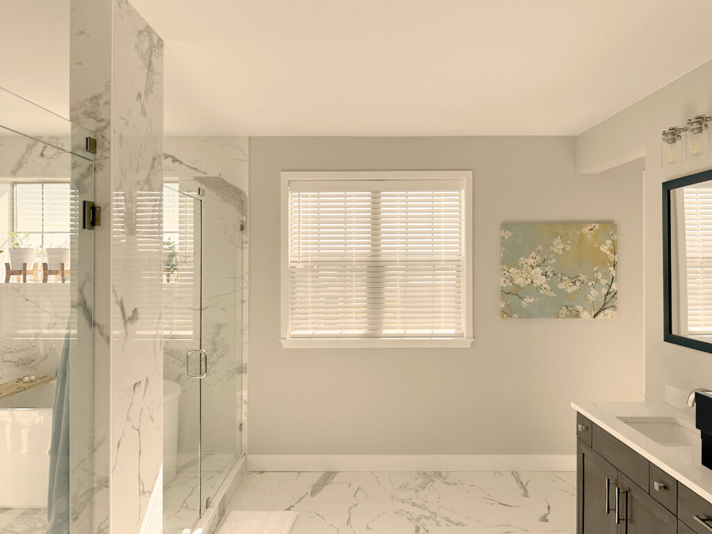 Hunter Douglas Parkland Natural Wood Blinds with SimpleLift for bathroom in Colorado home