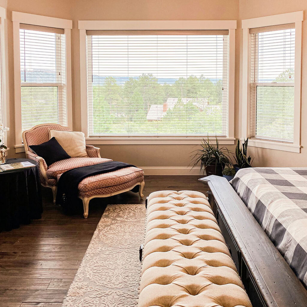 Hunter Douglas Parkland Natural Wood Blinds with Cord Lock for bedroom in Colorado