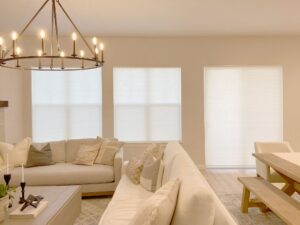 Elegant Hunter Douglas blinds and shades in a contemporary living room setting.