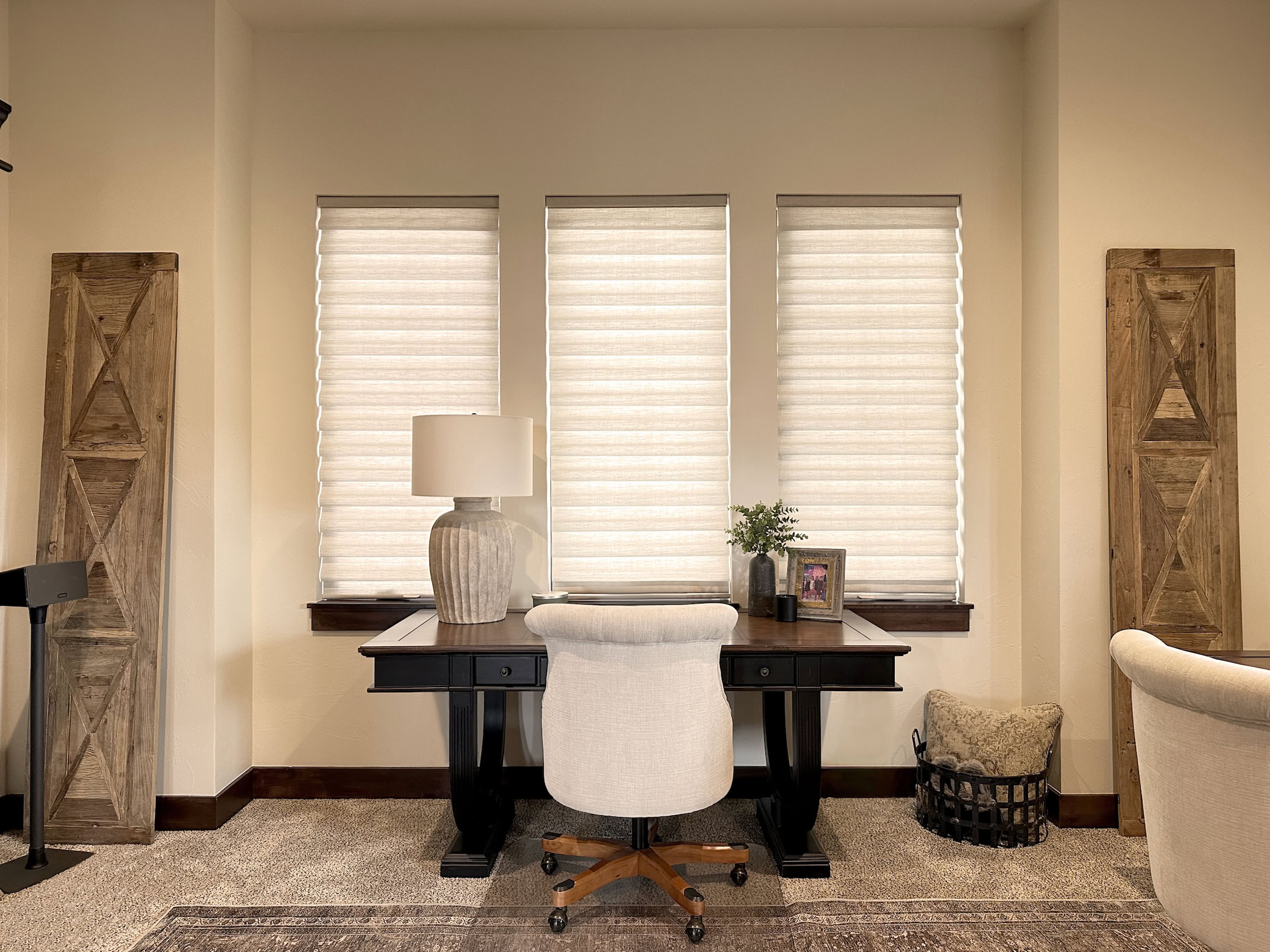 Hunter Douglas Vignette Roman Shades with LiteRise and Light Filtering Fabric for Colorado Home Office