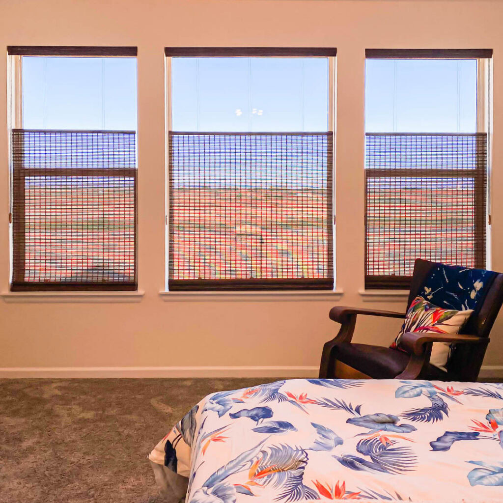 Hunter Douglas Provenance Woven Wood Shades with EasyRise, Top-Down Bottom-Up, and Light Filtering fabric for Colorado bedroom