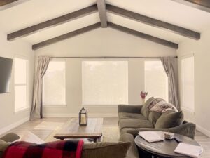 Blackout curtains blocking sunlight in a modern living room.