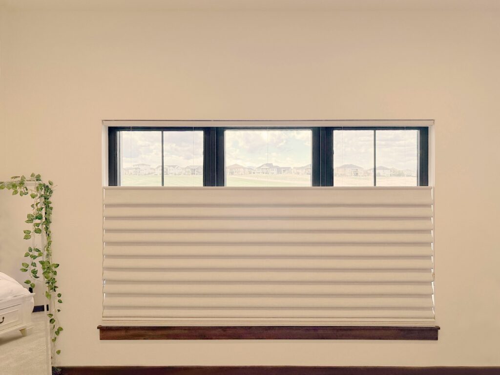 Hunter Douglas Vignette Roman Shades with PowerView Automation, Top-Down Bottom-Up, and Room Darkening fabric for Colorado home