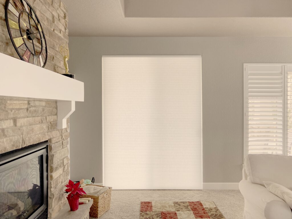 Hunter Douglas Duette Cellular Shades with PowerView Automation and Light Filtering Fabric for large glass patio door