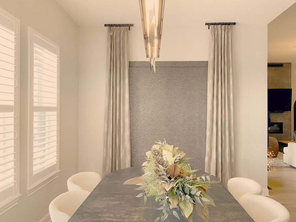 Hunter Douglas and Carole Fabrics layered window treatments—Palm Beach Polysatin Shutters, Designer Roller Shades, and custom curtains/drapes/side panels—with Z Frame, room-darkening control, Bottom Up lift, Hidden Tilt, and PowerView automation