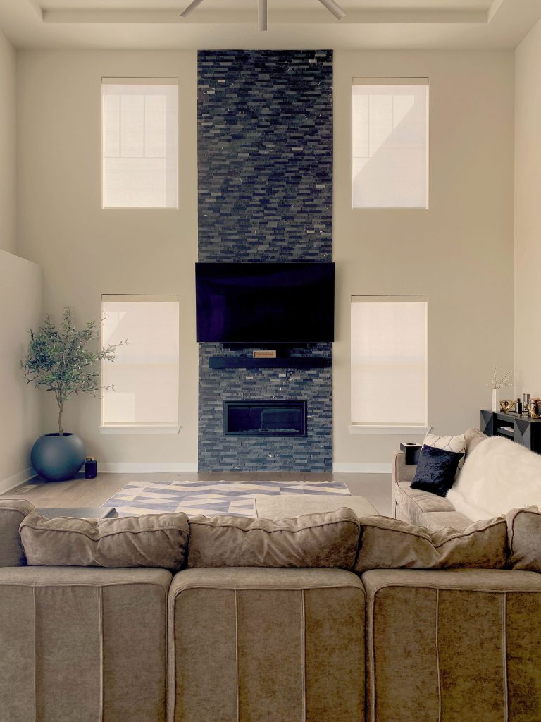 Hunter Douglas Designer Roller Shades with light-filtering fabric, Bottom Up design, and PowerView smart automation