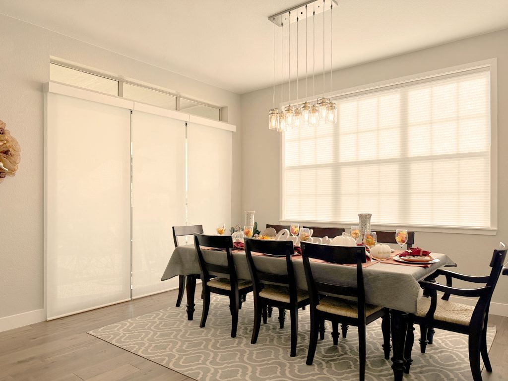 Hunter Douglas Duette Cellular Shades and Designer Roller Shades, light filtering with Top-Down Bottom Up and Bottom Up control, powered by PowerView automation