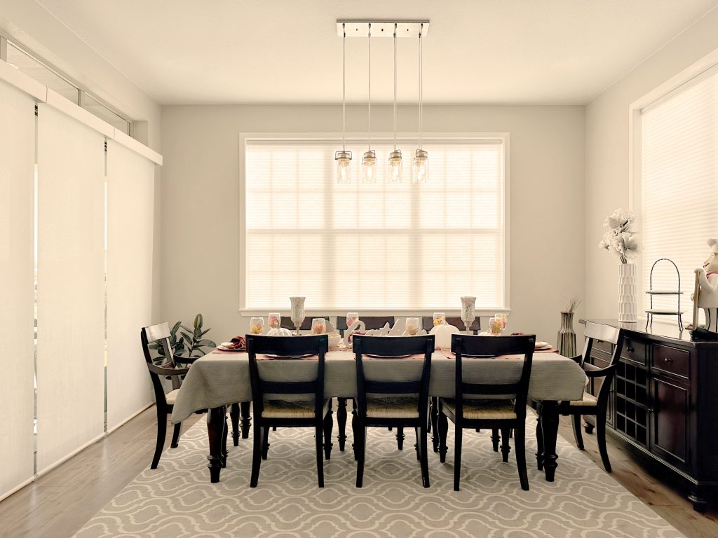 Hunter Douglas Duette Cellular Shades and Designer Roller Shades, light filtering with Top-Down Bottom-Up or Bottom-Up operation and PowerView automation