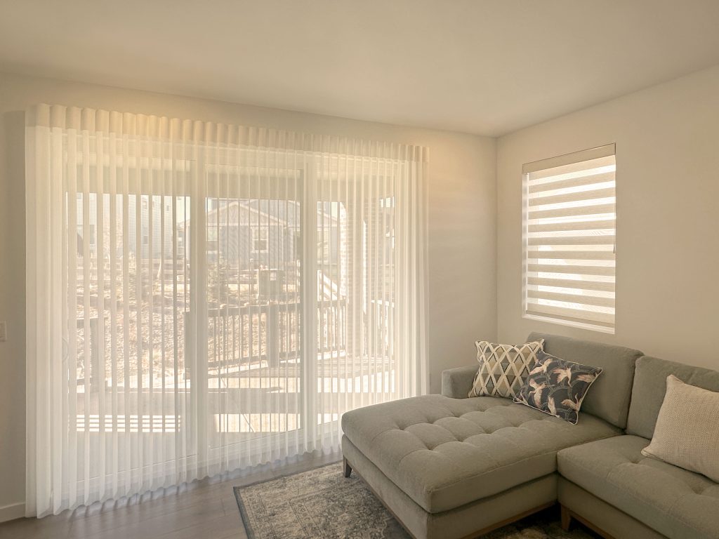 Hunter Douglas Luminette Privacy Sheers and Designer Banded Shades with Right Stack or Bottom Up configuration, operated by Wand Control or UltraGlide