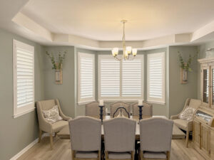 Hunter Douglas Palm Beach Polysatin Shutters with front center tilt control and Z frame for classic style and dependable light control