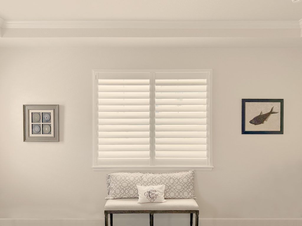Hunter Douglas Palm Beach Polysatin Shutters with Z Frame and Exterior Tilt Bar operation