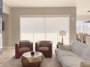 Hunter Douglas Designer Roller Shades with PowerView automation, Bottom Up operation, and both light-filtering and room-darkening fabric options.