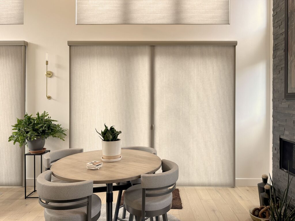 Hunter Douglas Duette Cellular Shades with PowerView Automation and Duette Vertiglide with Light Filtering in Colorado home
