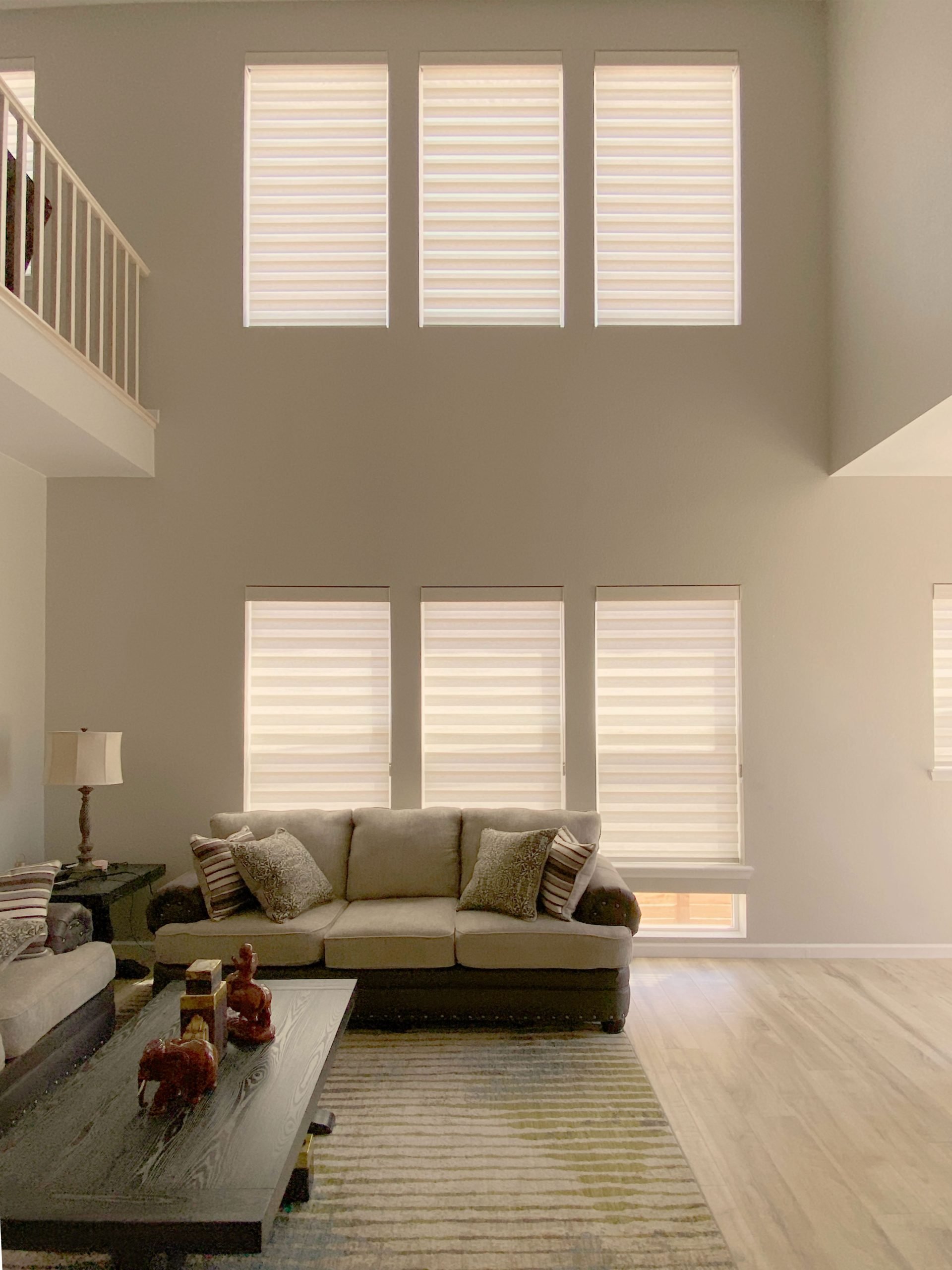 Hunter Douglas Designer Banded Shades with PowerView automation or custom clutch operation and light filtering fabric