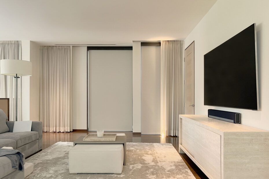 Hunter Douglas Designer Roller Shades with PowerView automation, Bottom Up operation, and room-darkening fabric.