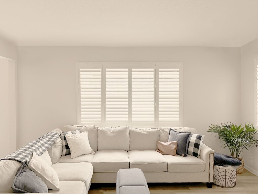 Hunter Douglas Palm Beach Polysatin Shutters with Hidden Tilt and Z Frame for Colorado living room