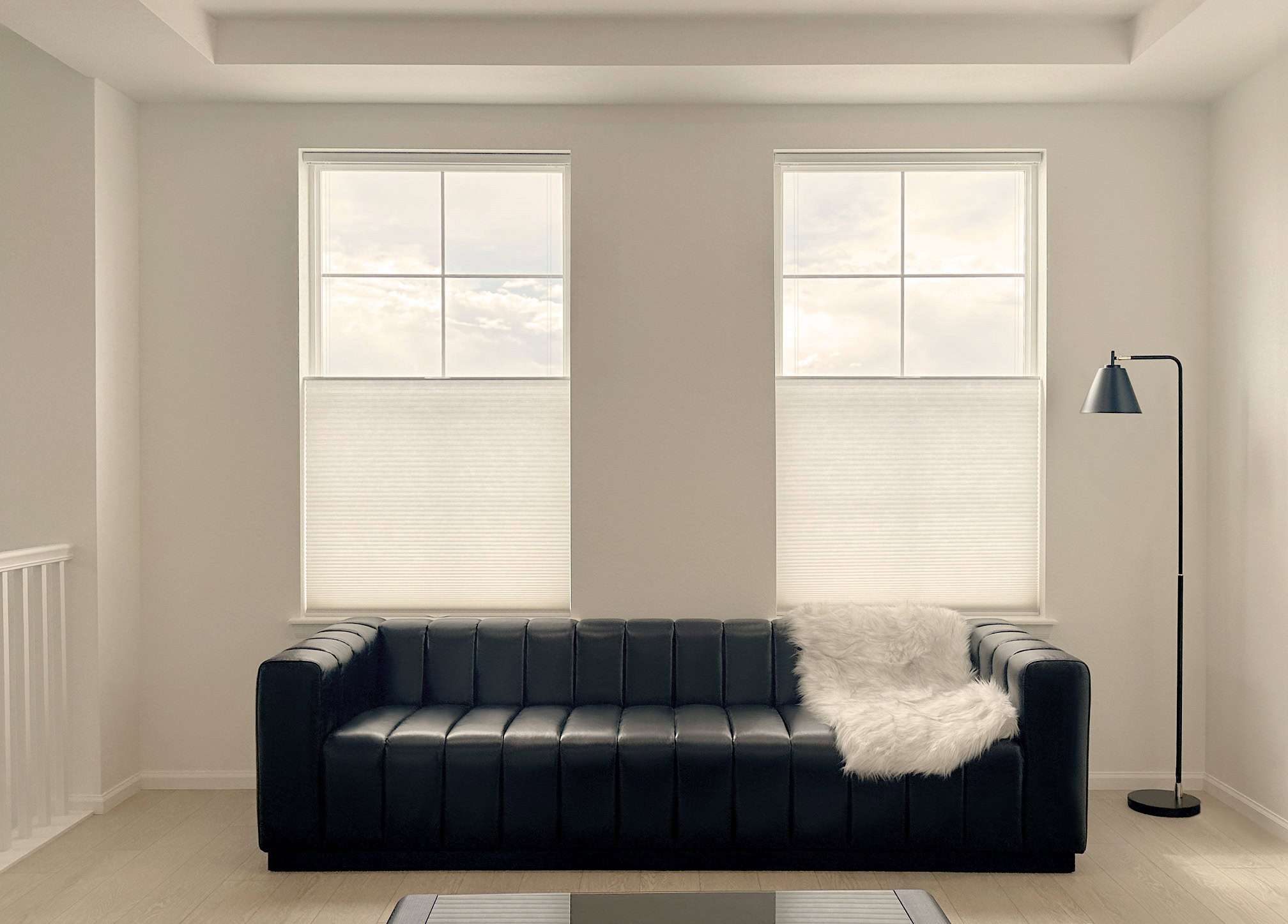 Alta Honeycomb Shades with cordless lift, Top-Down Bottom Up design, and light filtering fabric.