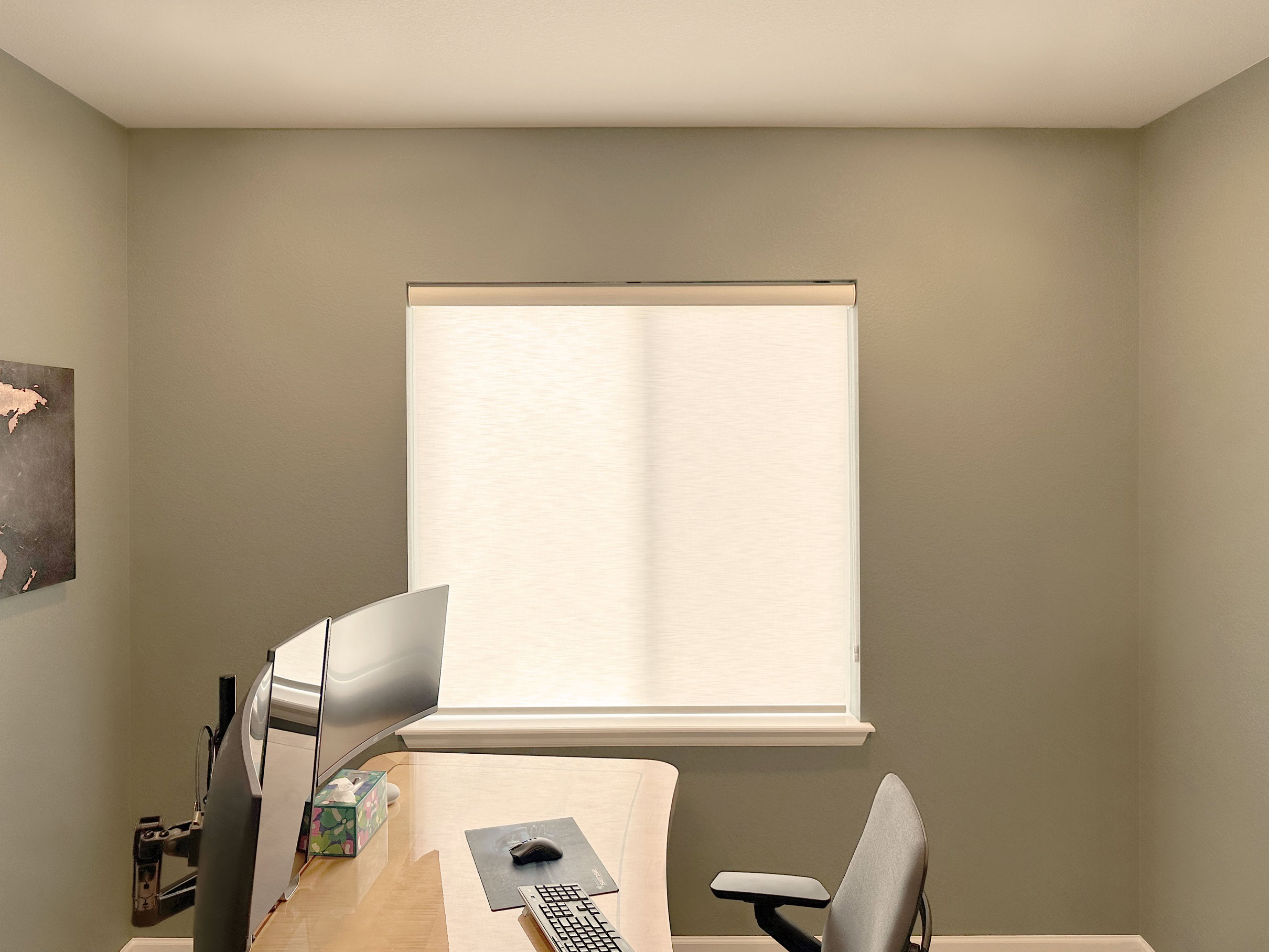 Alta Roller Shades with Light Filtering fabric and Custom Clutch operating system for Colorado home office