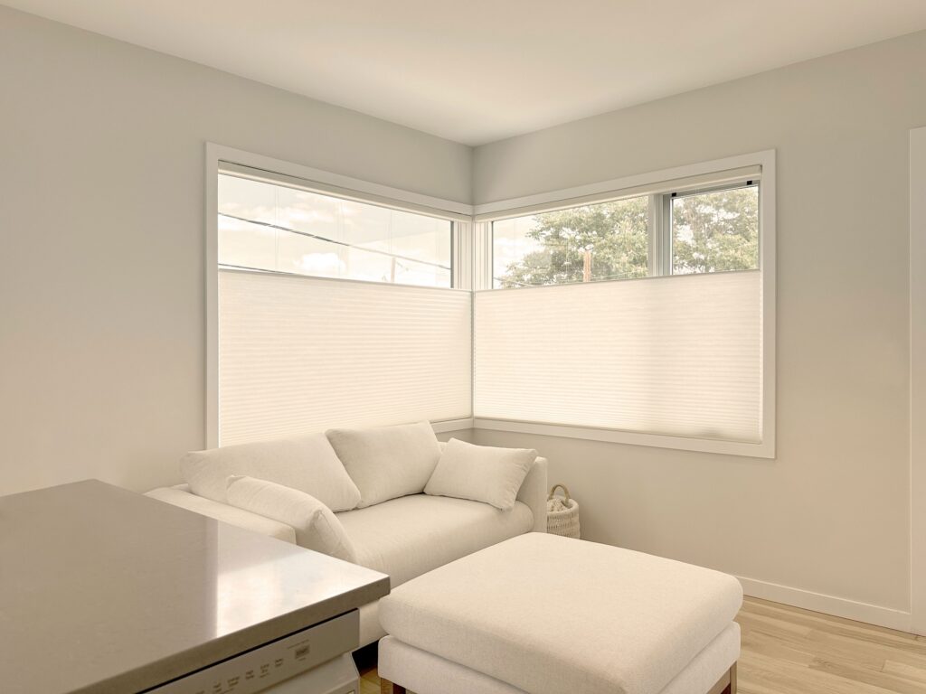 Hunter Douglas Applause Cellular Shades with PowerView motorization, Top-Down Bottom Up, and light filtering design. Installed in Denver, CO Home.