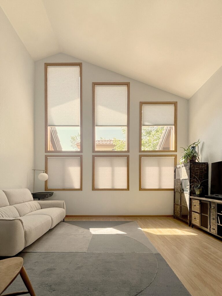 Energy-efficient Hunter Douglas Applause Cellular Shades with LiteRise cordless operation and light filtering fabric for Colorado home