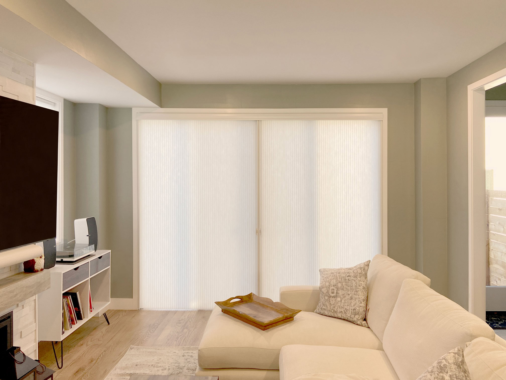 Hunter Douglas Applause Cellular Shades with Vertiglide vertical operation and light filtering fabric for Colorado home