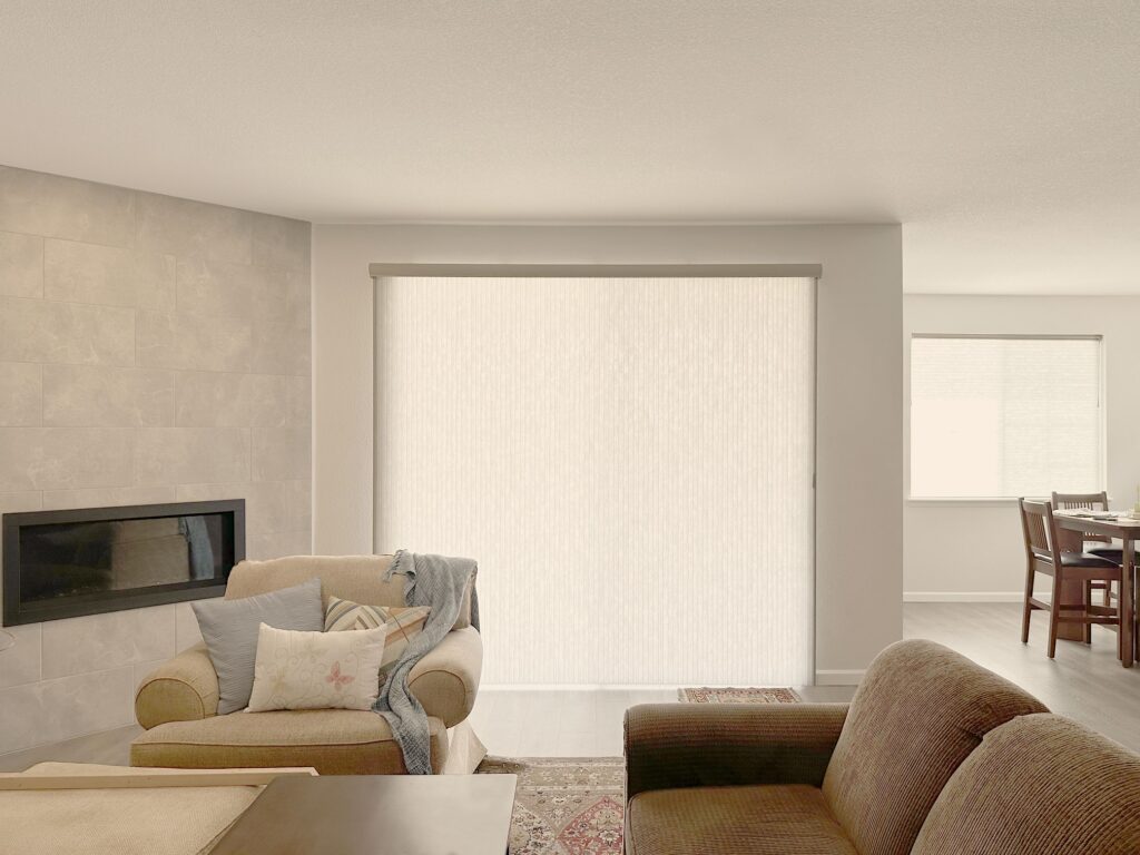 Hunter Douglas Applause Cellular Shades with Vertiglide and UltraGlide operation, Left Stack Vertical configuration, and light filtering fabric