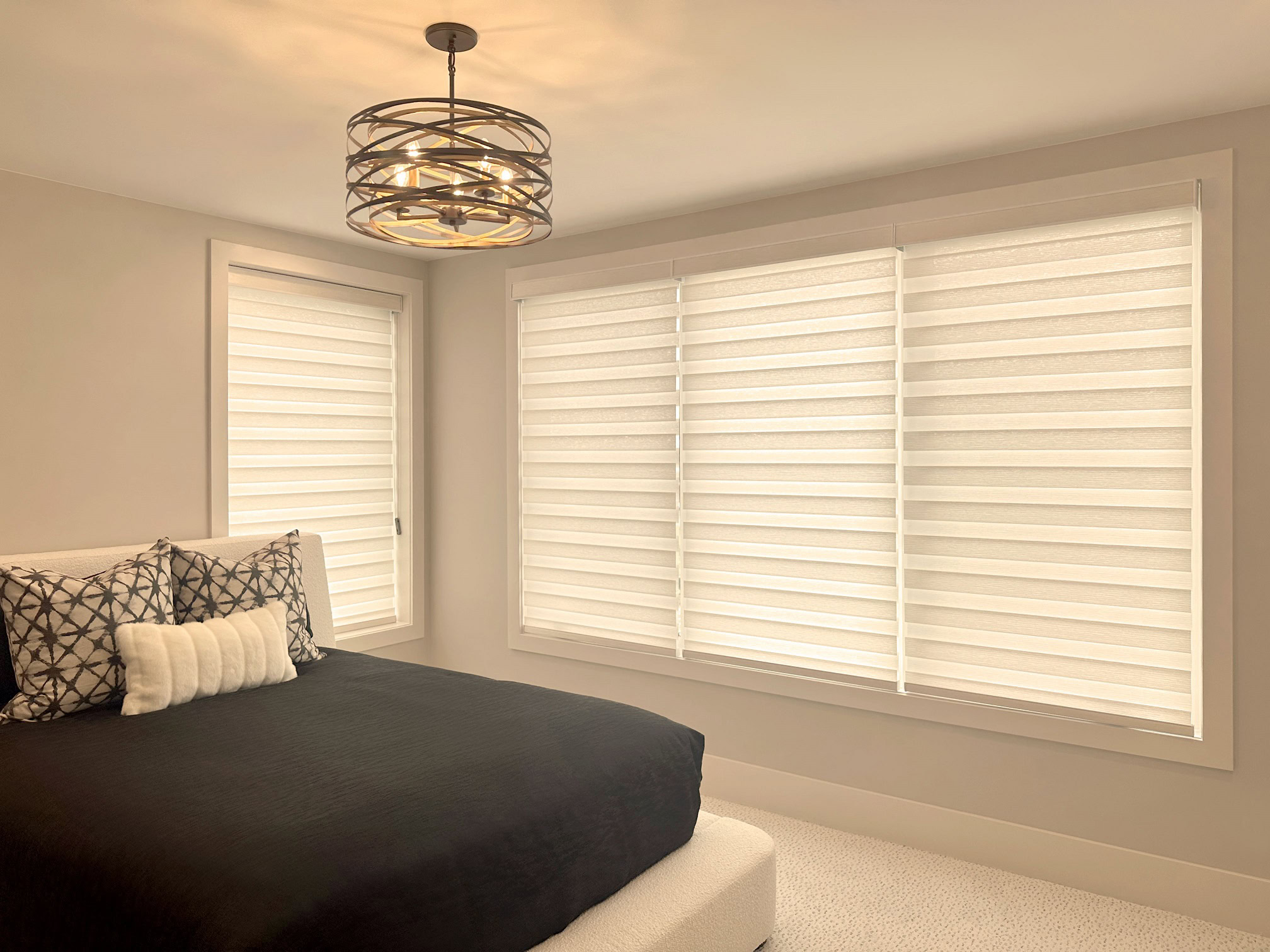 Hunter Douglas Designer Banded Shades with PowerView automation, Custom Clutch operation, and Light Filtering fabric
