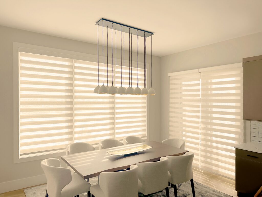 Hunter Douglas Designer Banded Shades with Custom Clutch operation and light filtering fabric.