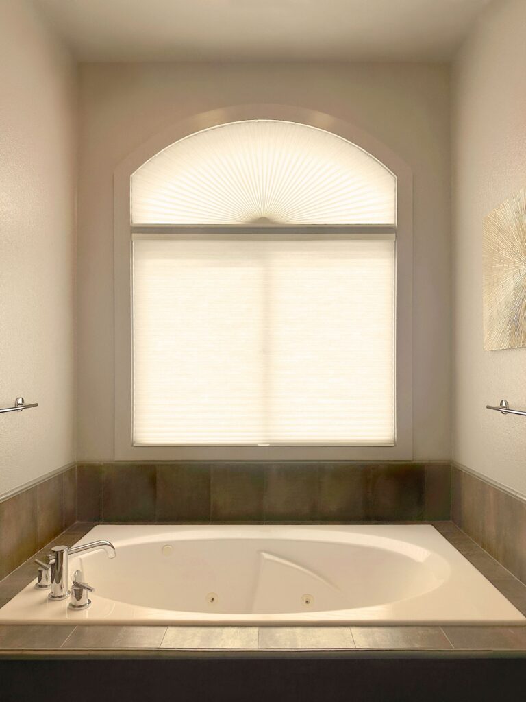 Hunter Douglas Duette Cellular Shades with LiteRise operation, Non-Operable specialty shape design, and Light Filtering fabric