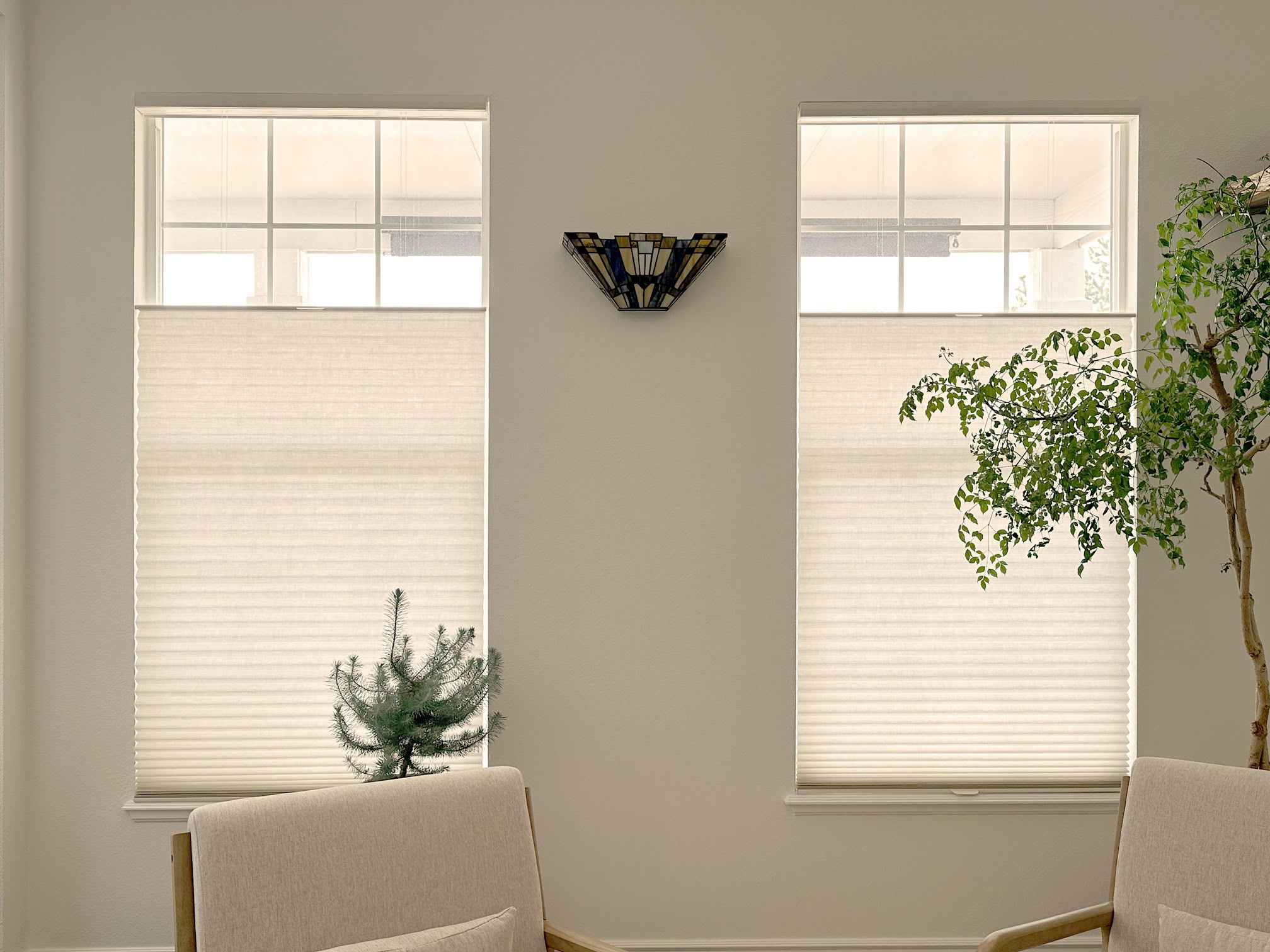 Hunter Douglas Duette Cellular Shades with LiteRise cordless operation, Top-Down Bottom Up design, and light filtering fabric for Colorado homes