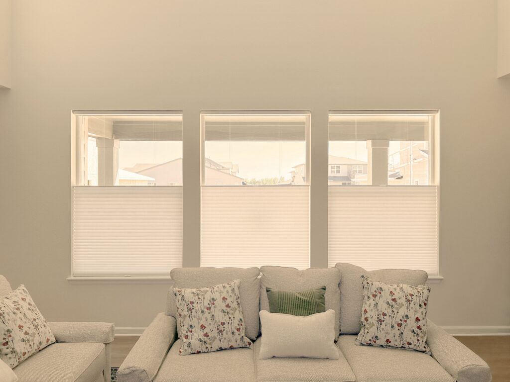 Hunter Douglas Duette Cellular Shades with LiteRise cordless operation, Top-Down Bottom Up design, and light filtering fabric