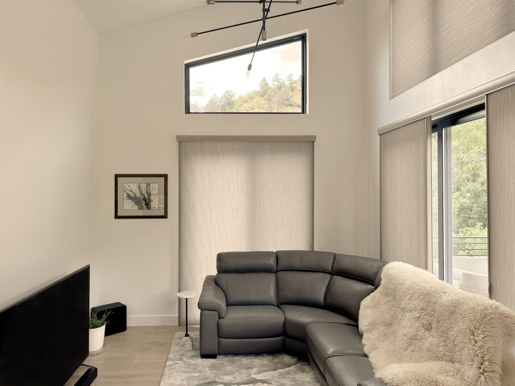 Hunter Douglas Duette Cellular Shades and Duette Vertiglide with Light Filtering fabric, featuring Vertiglide vertical operation and PowerView motorization.