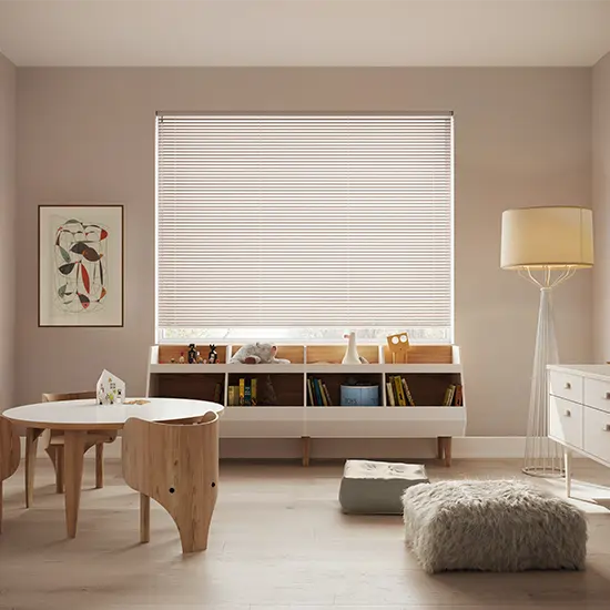 Hunter Douglas Modern Precious Metals Mini Blinds with SimpleLift cordless operating system.