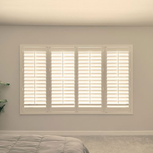 Hunter Douglas Palm Beach Polysatin Shutters with Front Center Tilt and Z Frame for windows in Colorado homes