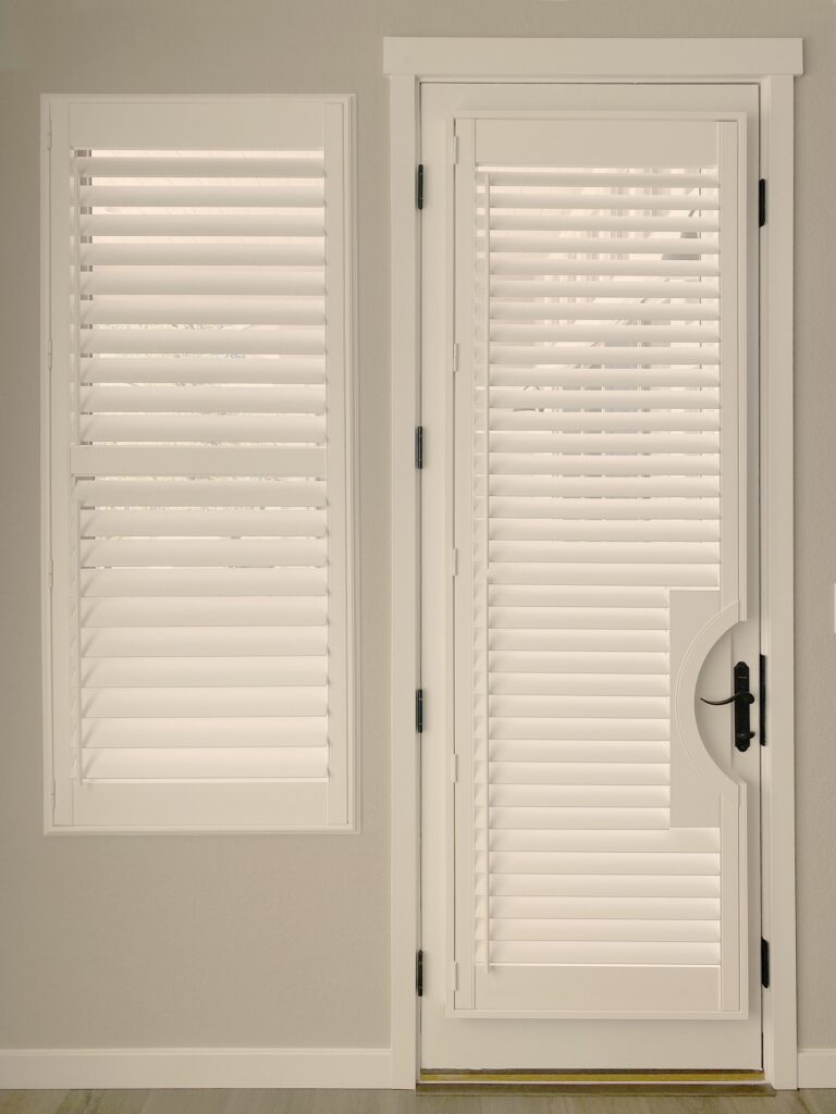 Hunter Douglas Palm Beach Polysatin Shutters with Front Side Tilt, Specialty Shape design, and Z Frame