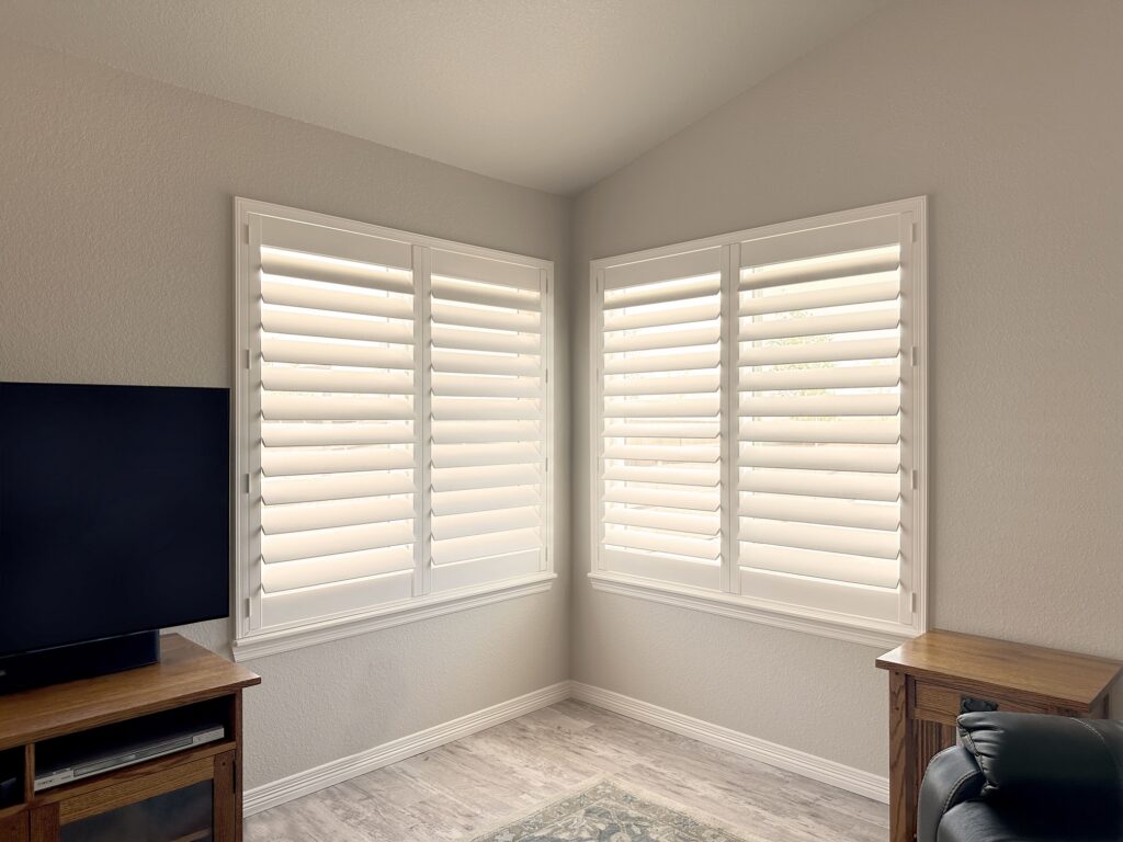 Hunter Douglas Palm Beach Polysatin Shutters with Hidden Tilt and Z Frame design.
