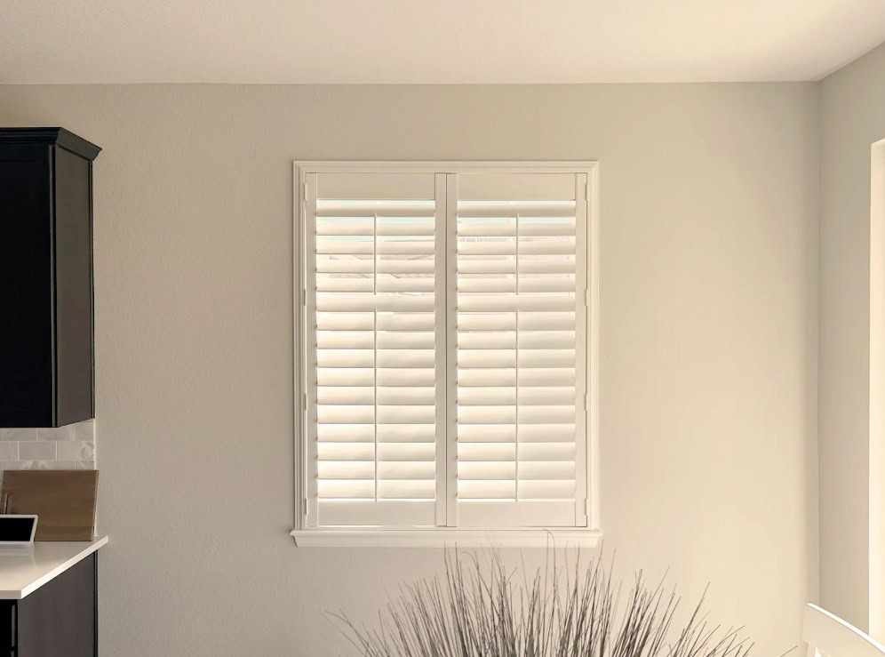 Hunter Douglas Palm Beach Polysatin Shutters with Front Center Tilt operation in Thornton.