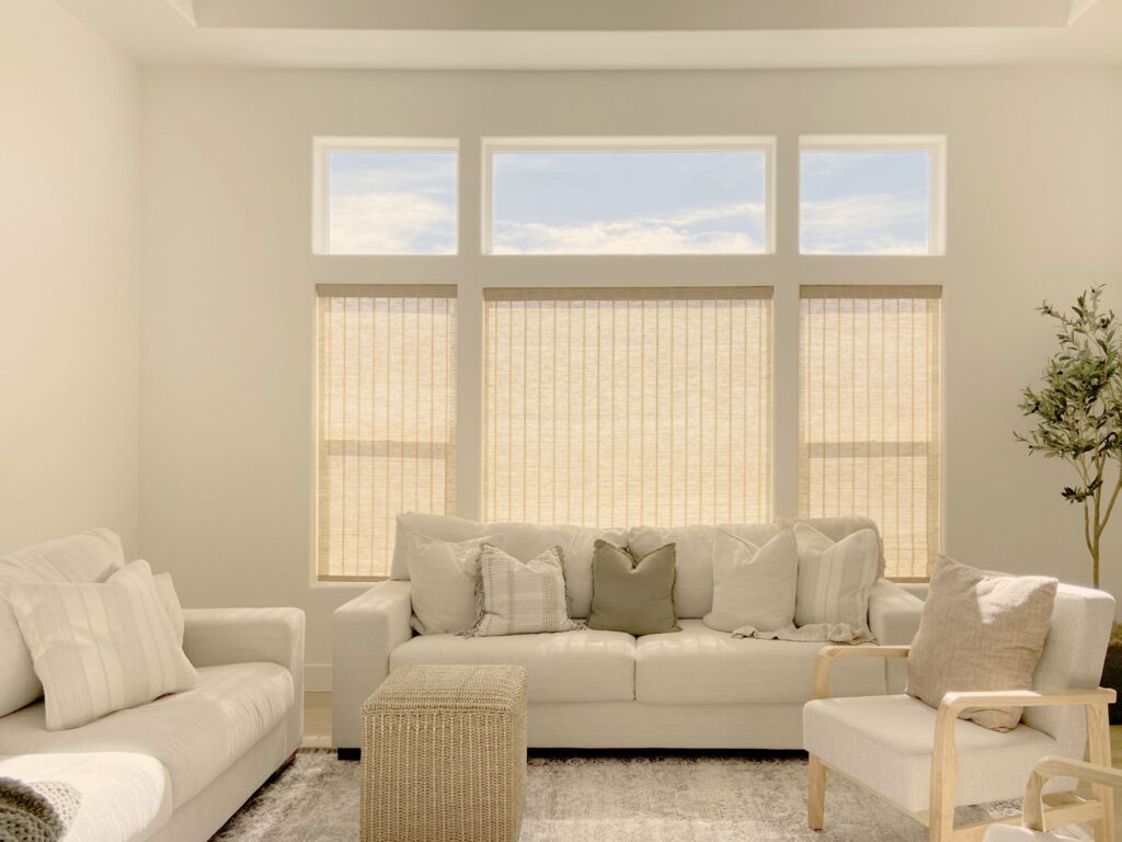 Hunter Douglas Provenance Woven Wood Shades with PowerView automation and light filtering liner for Colorado living room