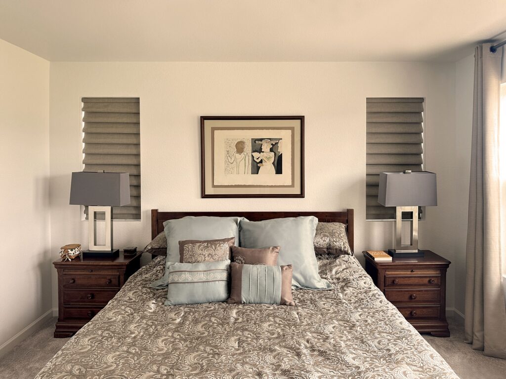 Hunter Douglas Vignette Roman Shades with LiteRise cordless operation and room darkening fabric for Colorado homes