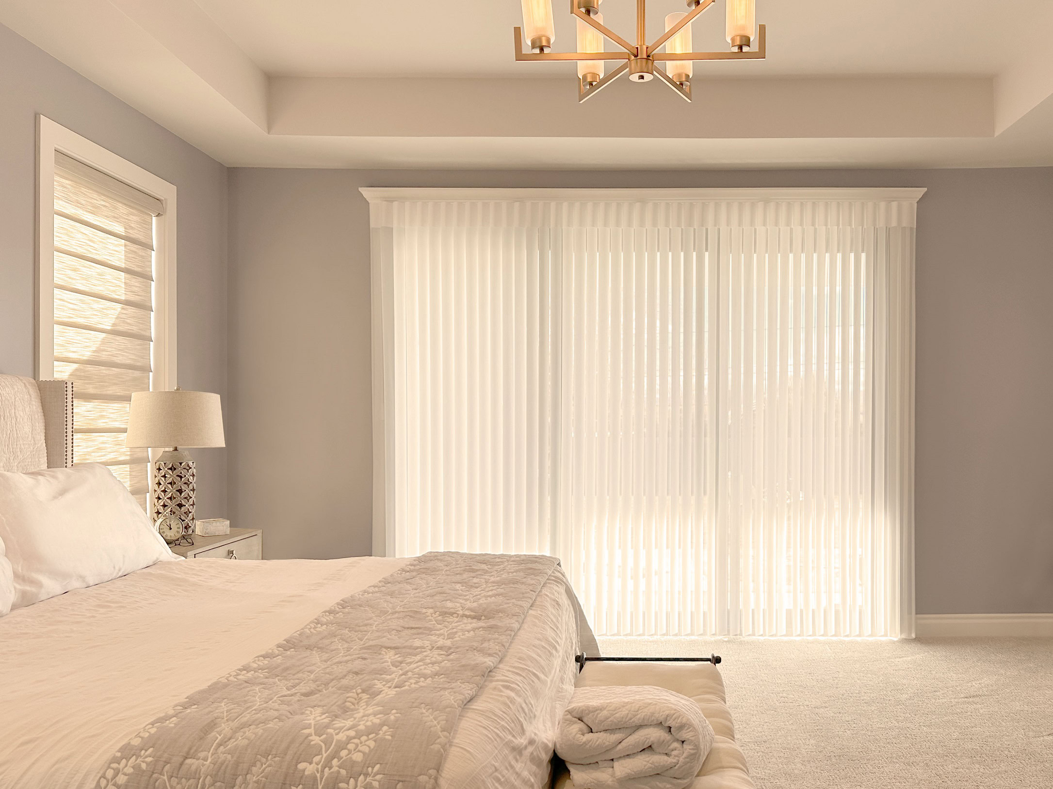 Hunter Douglas Vignette Roman Shades and Luminette Privacy Sheers with PowerView automation, Wand Control, Right Stack vertical operation, and Light Filtering fabric