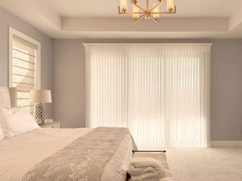 Hunter Douglas Vignette Roman Shades with PowerView automation paired with Luminette Privacy Sheers featuring wand control, right stack vertical operation, and light filtering fabric.