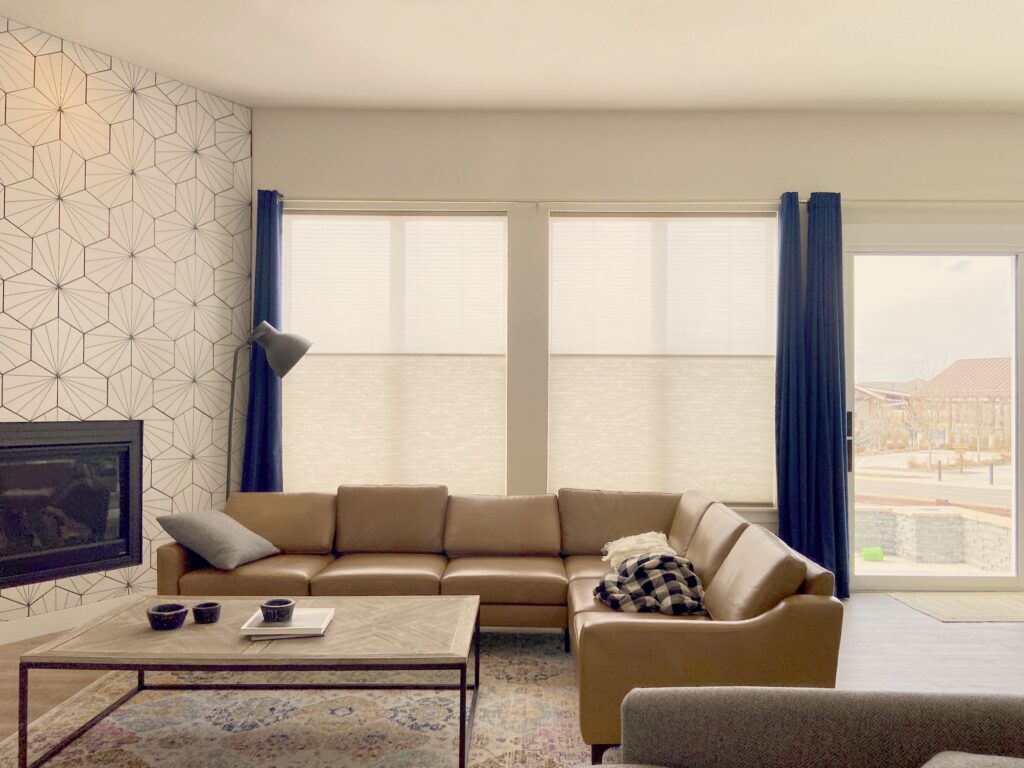 Hunter Douglas Applause Cellular Shades with PowerView Motorization and Duolite for Centennial homes