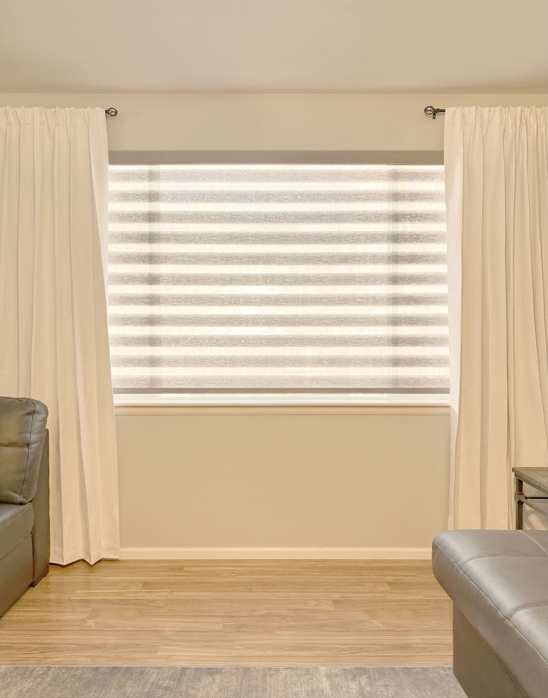 Motorized Hunter Douglas Designer Banded Shades with Light Filtering Fabric