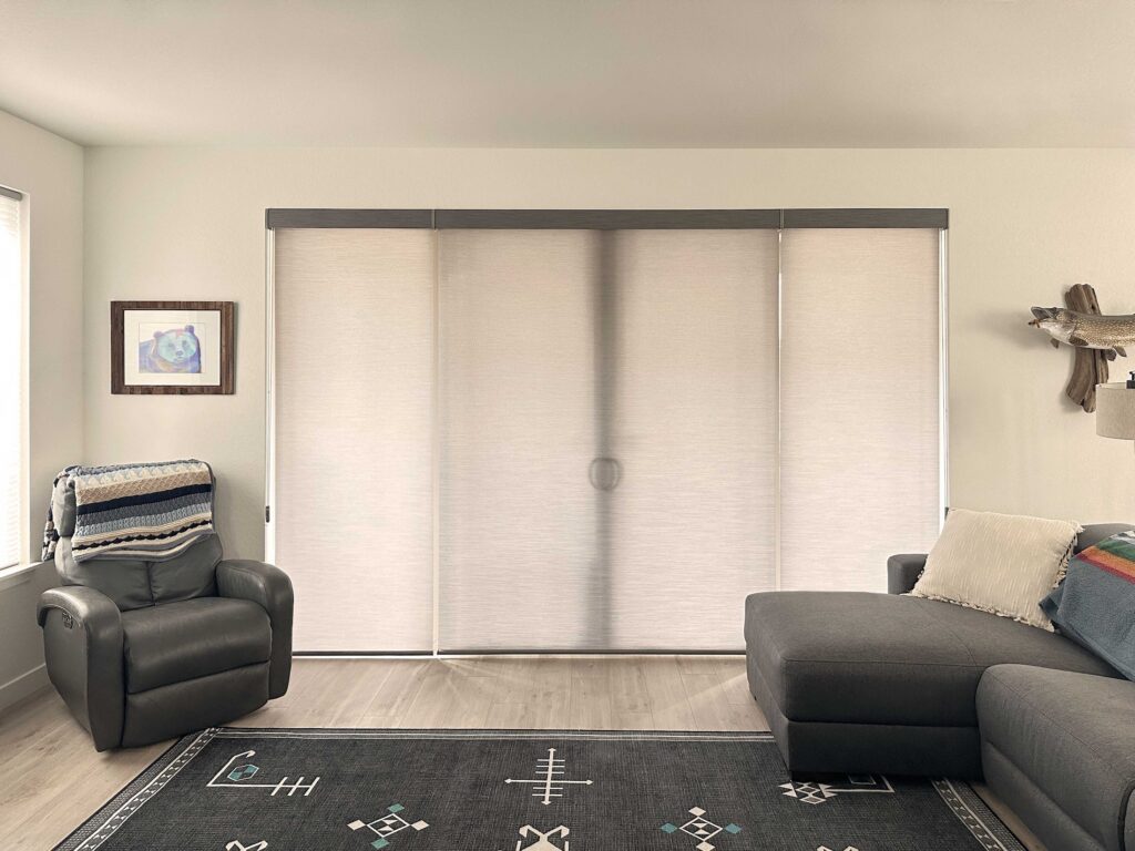 Hunter Douglas Designer Roller Shades with Custom Clutch and Light Filtering Fabric for Sliding Patio Door for Colorado Home