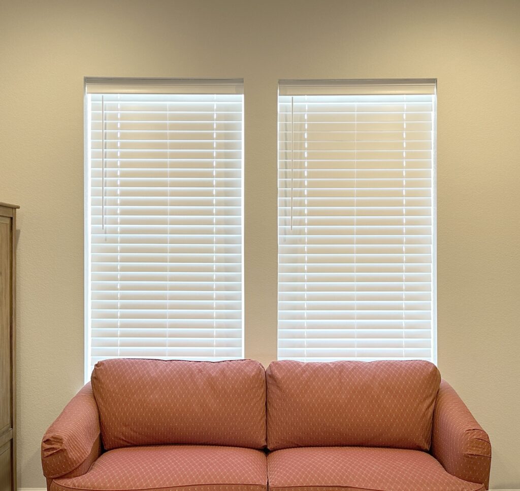 Cordless Hunter Douglas EverWood Composite Wood Blinds Installed in Castle Rock Living Room
