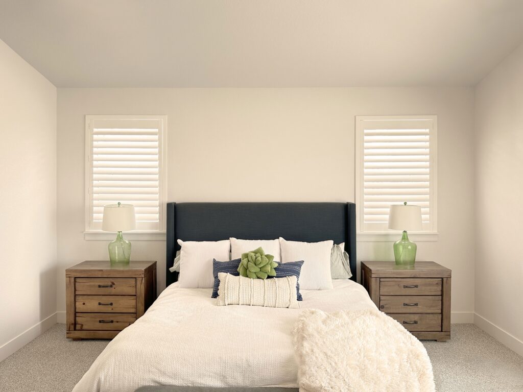 Hunter Douglas Palm Beach Polysatin Shutters with Hidden Tilt and L Frame for Castle Rock Colorado Bedroom
