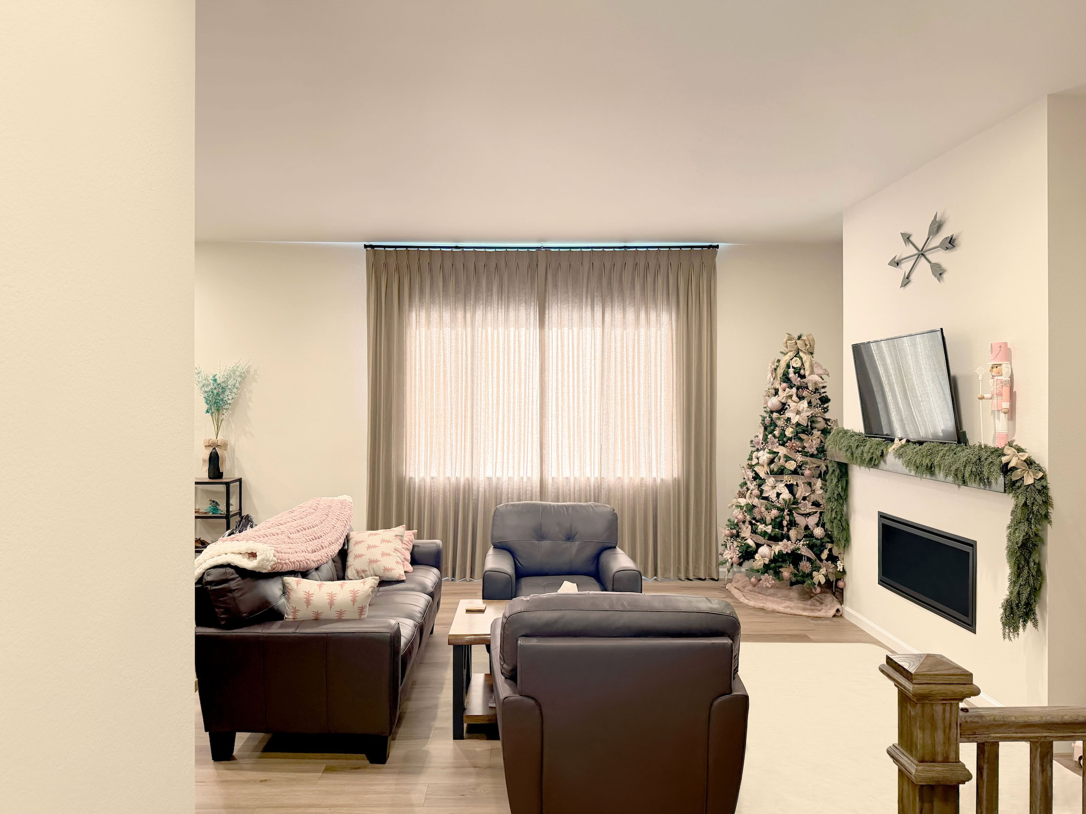 Carole Fabrics Curtains with Traversing Rod, Split Stack, and Light Filtering Fabric for Parker, CO Living Room