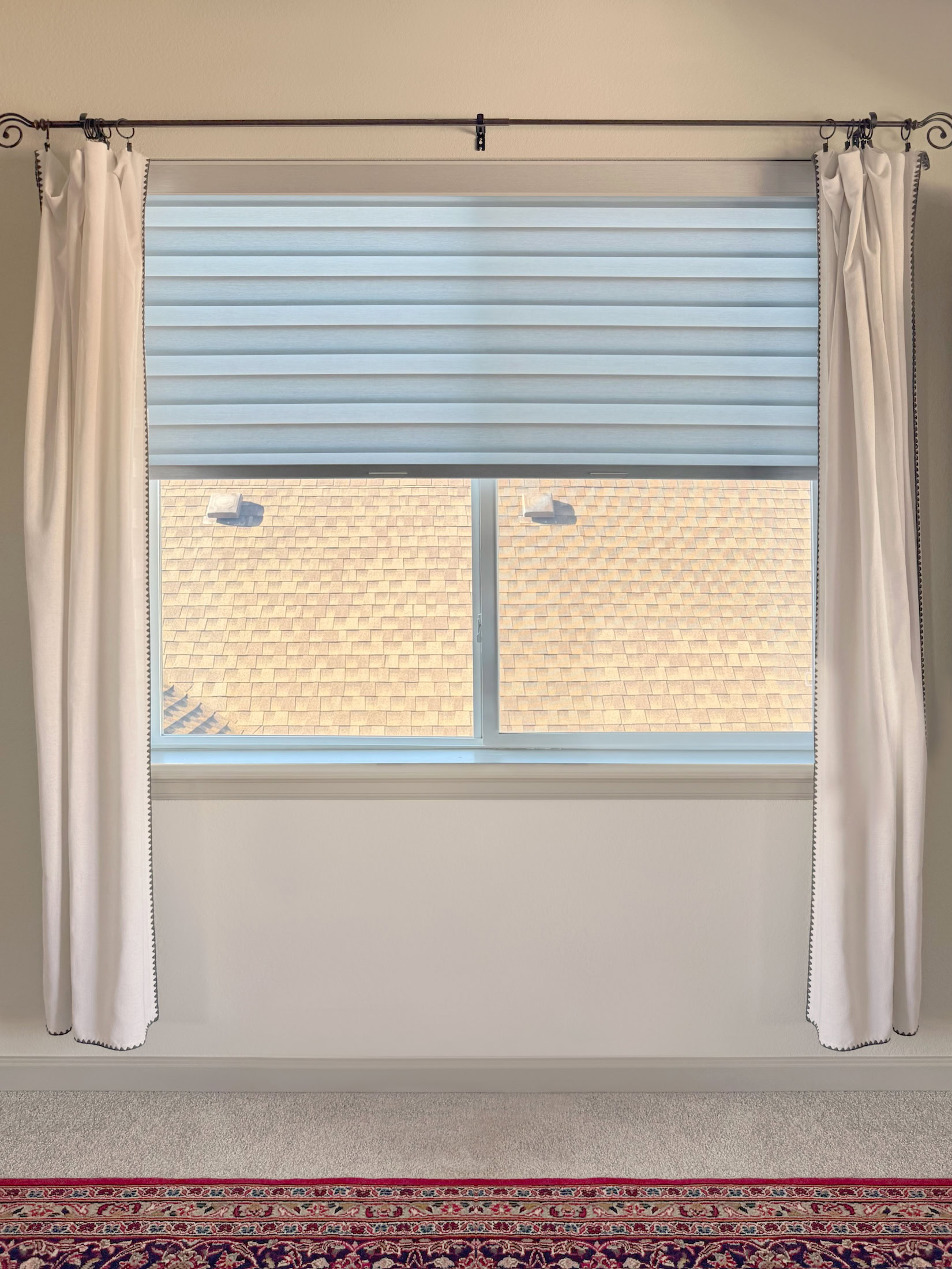 Cordless Hunter Douglas Designer Banded Shades Layered with Curtains for Parker, CO Home